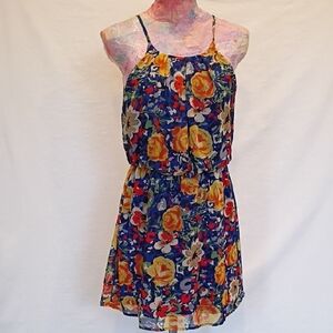 Sheer Spaghetti Strap Bright Floral Mini Dress Lined Sz Small Resortcore Spring